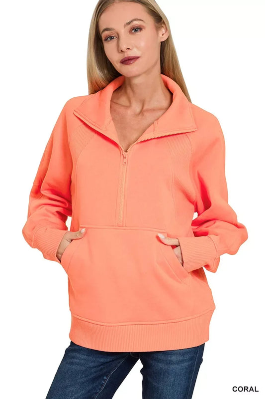 Zenana Half Zip Fleece Sweatshirt with kangaroo Pocket - Trendsi - Flyclothing LLC