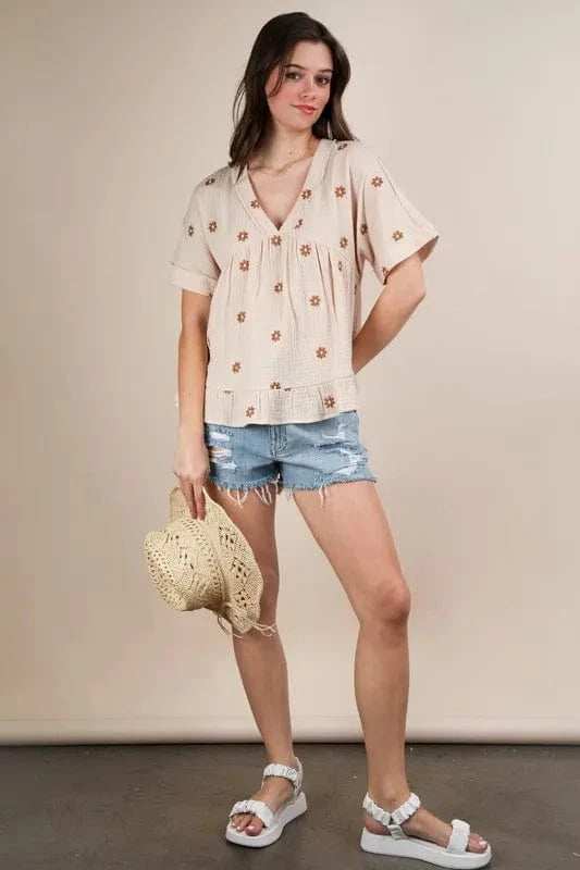 VERY J Flower Embroidered Woven Blouse - Trendsi - Flyclothing LLC