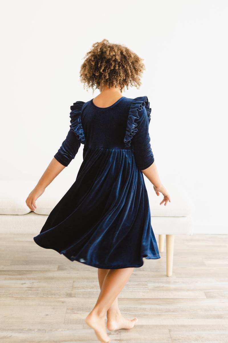Navy Velvet Ruffle Twirl Dress - Mila & Rose ® - Flyclothing LLC