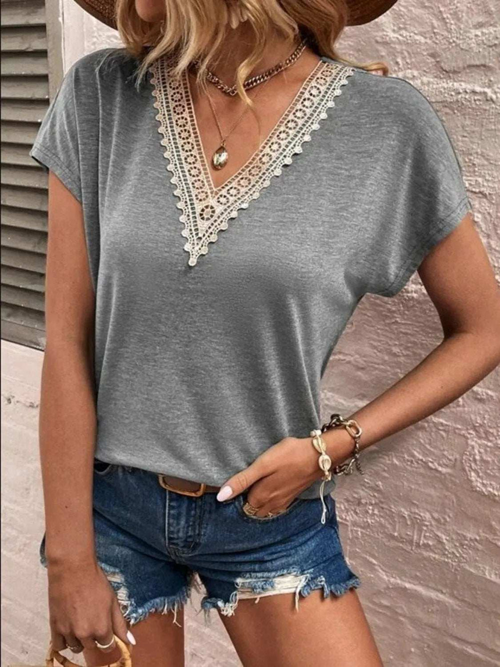 Full Size Lace Detail V-Neck Short Sleeve T-Shirt - Trendsi - Flyclothing LLC