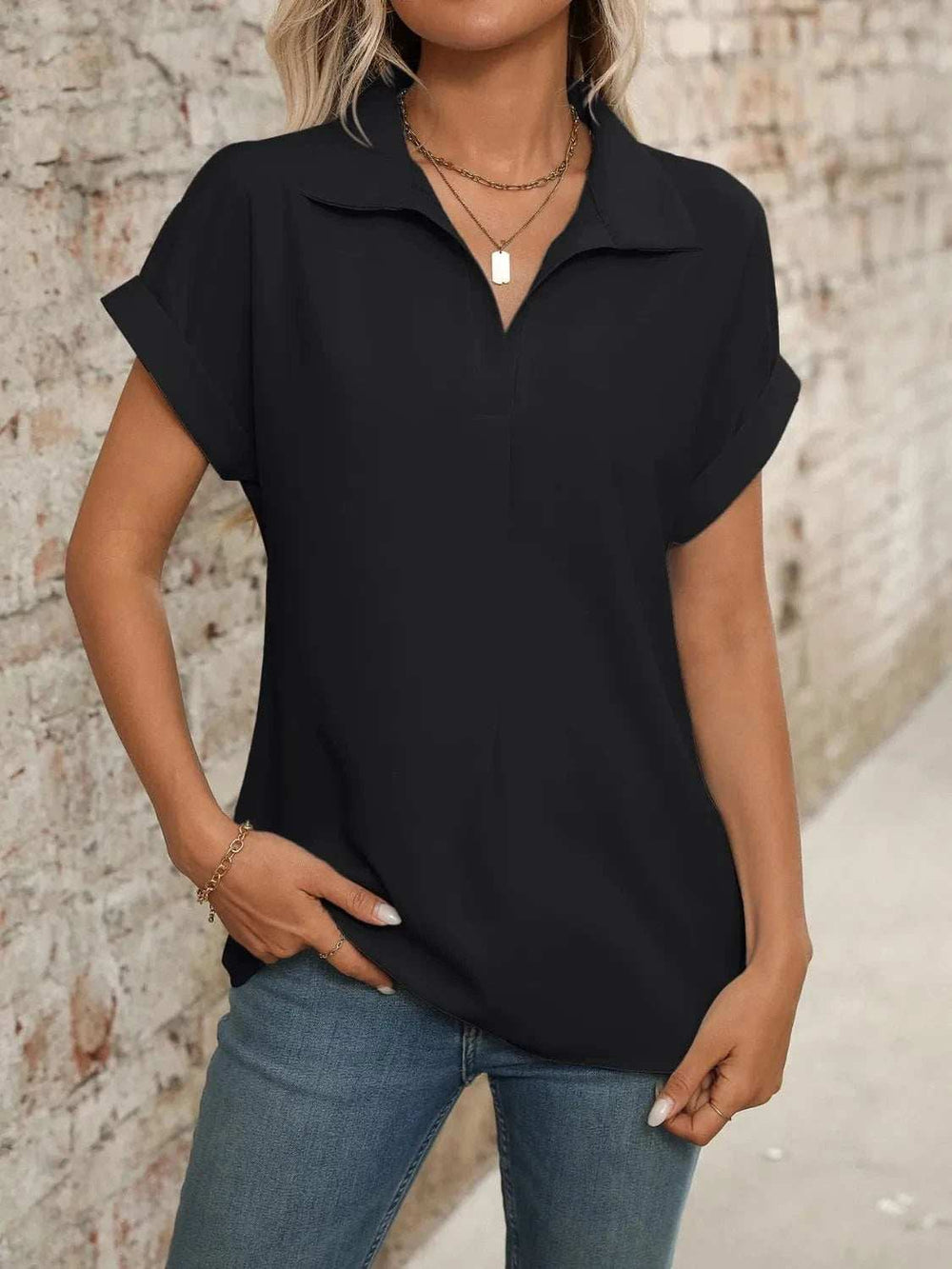 Collared Neck Short Sleeve Blouse - Trendsi - Flyclothing LLC