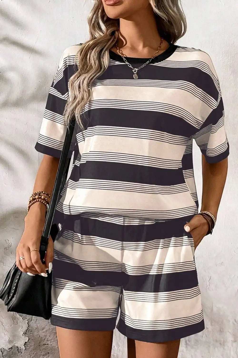 Stripe Half Sleeve T-Shirt and High Waist Pocketed Shorts Set - Trendsi - Flyclothing LLC