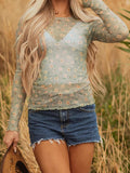Floral Print Mesh Long Sleeve Top - Trendsi - Flyclothing LLC