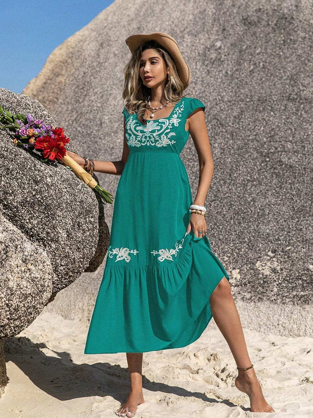Embroidered Square Neck Cap Sleeve Dress - Trendsi - Flyclothing LLC