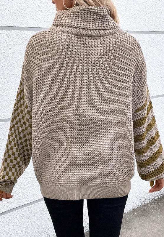 Striped & Checkered Turtleneck Dropped Shoulder Sweater - Trendsi - Flyclothing LLC