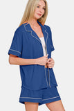 Zenana Button Down Short Sleeve Top and Shorts Lounge Set - Trendsi - Flyclothing LLC
