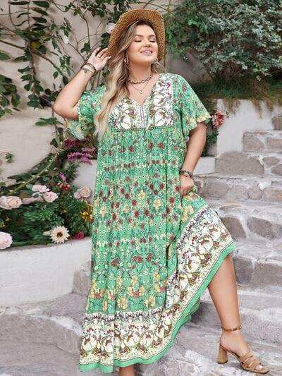 Plus Size Floral Tie Neck Flutter Sleeve Maxi Dress - Trendsi - Flyclothing LLC