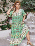 Plus Size Floral Tie Neck Flutter Sleeve Maxi Dress - Trendsi - Flyclothing LLC