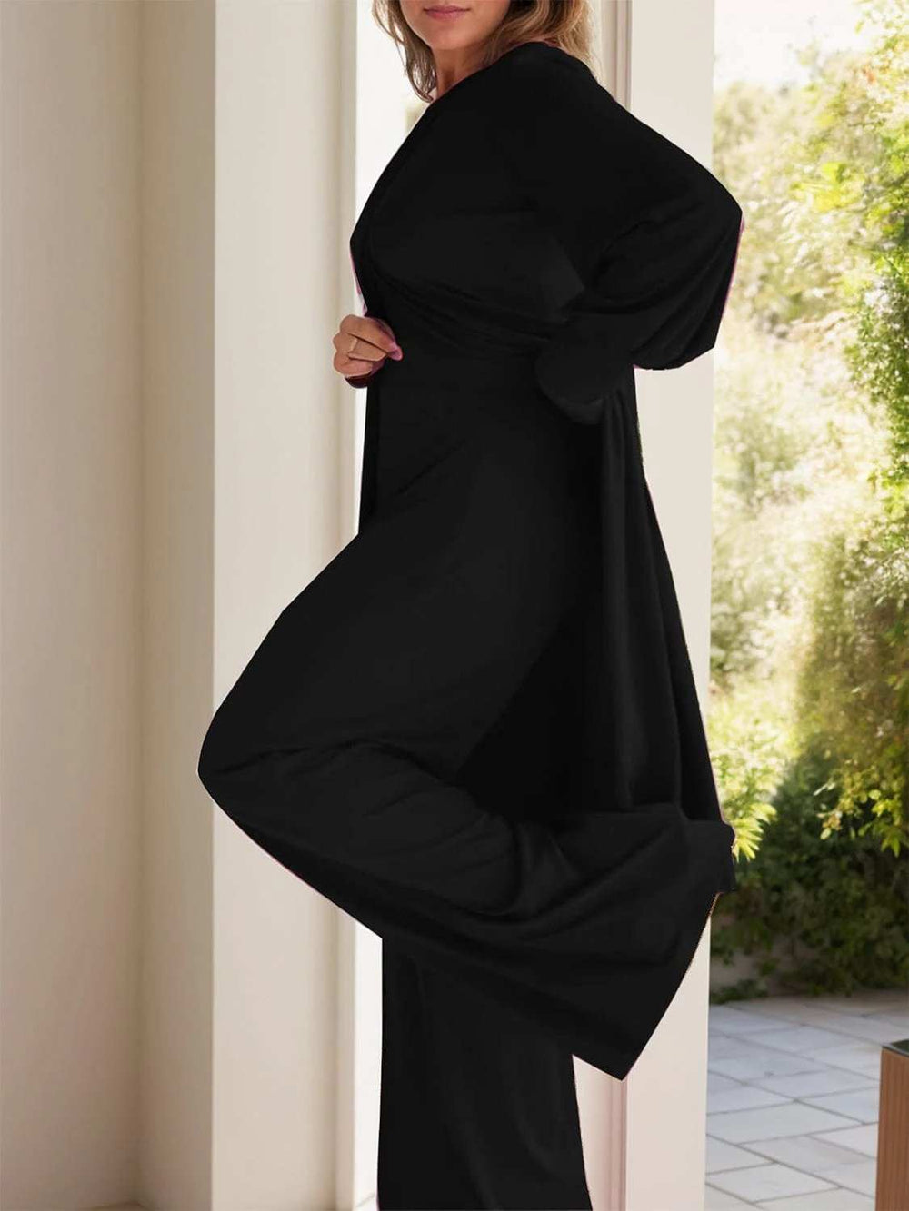 Full Size Slit Round Neck Long Sleeve Top and Pants Set - Trendsi - Flyclothing LLC