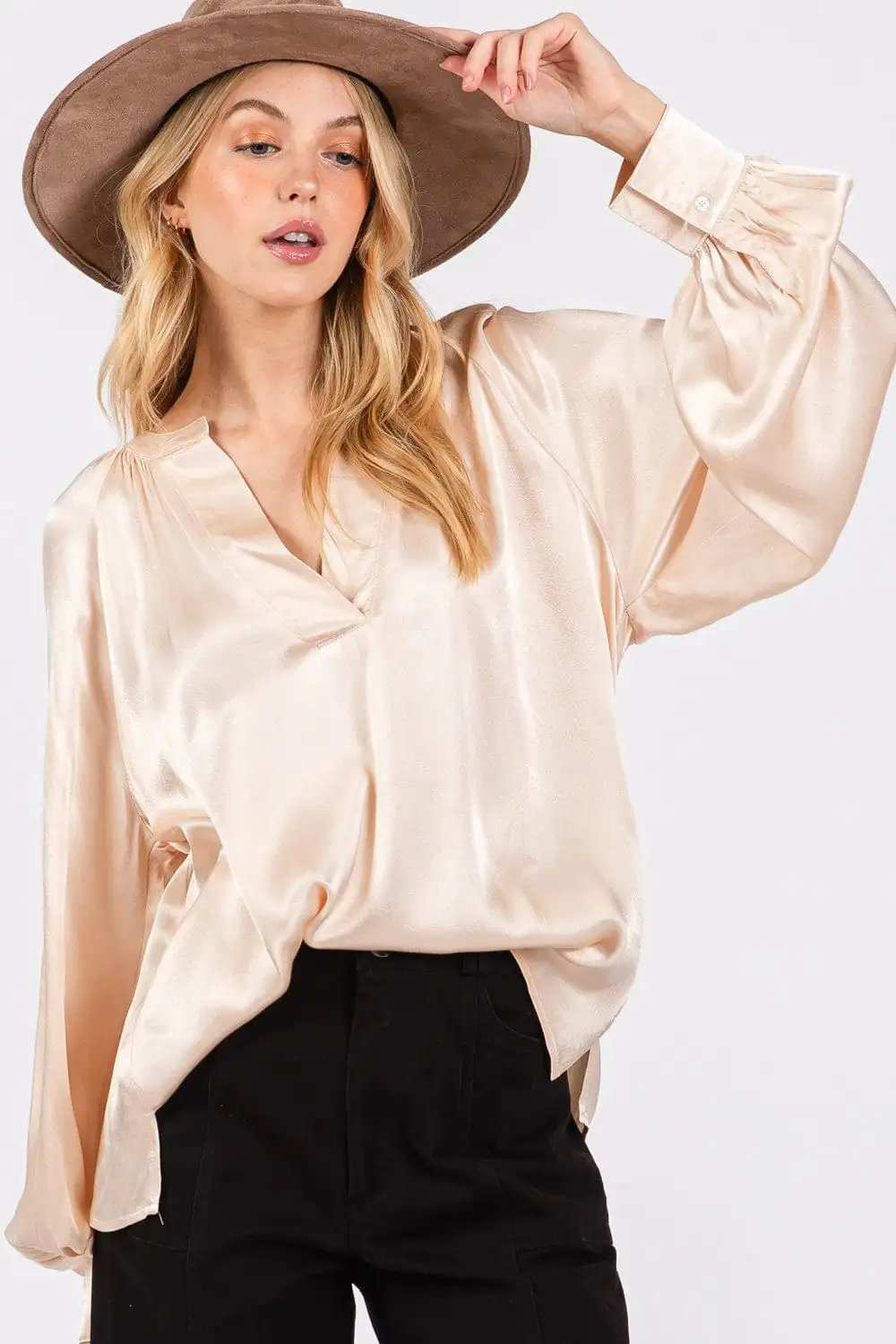 SAGE + FIG Notched Long Sleeve Blouse - Trendsi - Flyclothing LLC