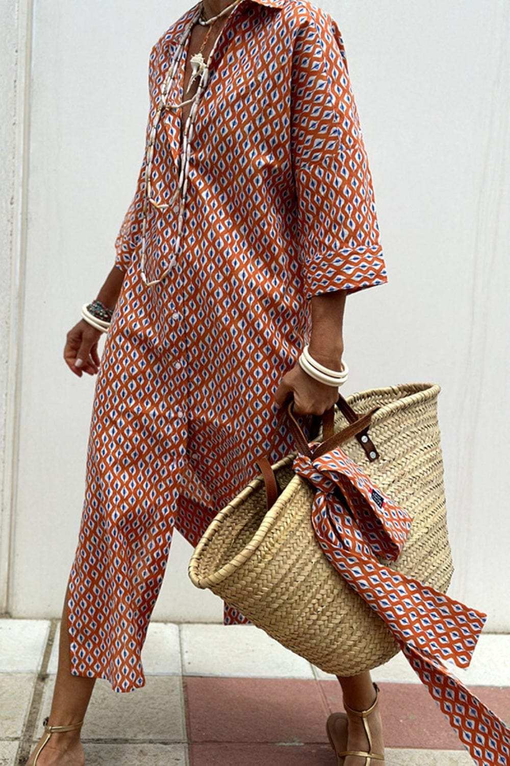 Slit Printed Collared Neck Three-Quarter Sleeve Midi Shirt Dress - Trendsi - Flyclothing LLC