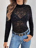 Leopard Mock Neck Long Sleeve Top - Trendsi - Flyclothing LLC