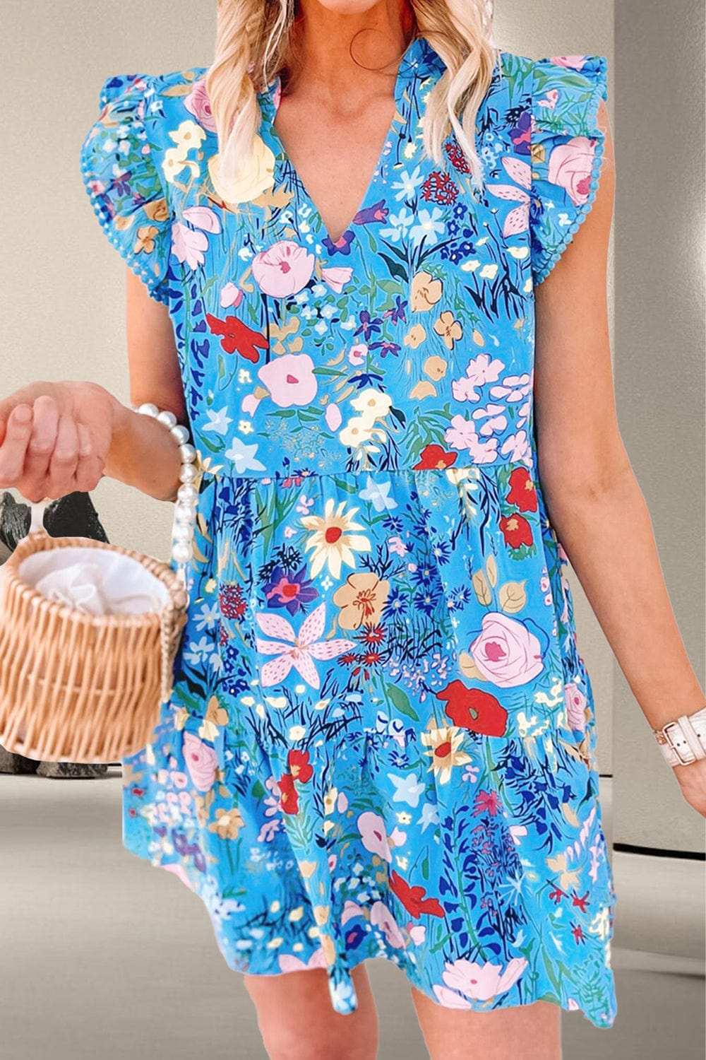 Tiered Floral Cap Sleeve Dress - Trendsi - Flyclothing LLC