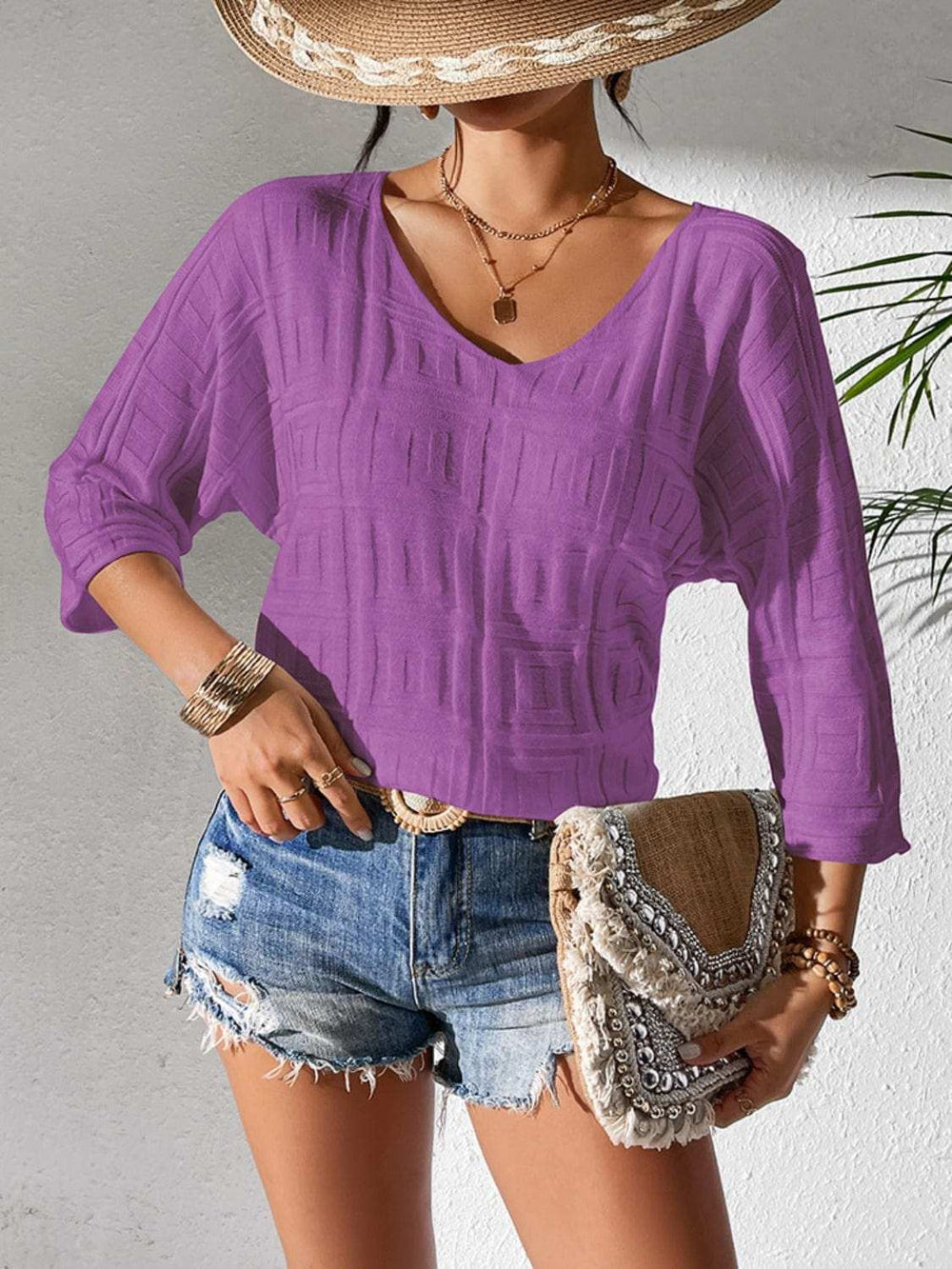 V-Neck Three-Quarter Sleeve Knit Top - Trendsi - Flyclothing LLC