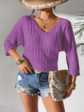 V-Neck Three-Quarter Sleeve Knit Top - Trendsi - Flyclothing LLC
