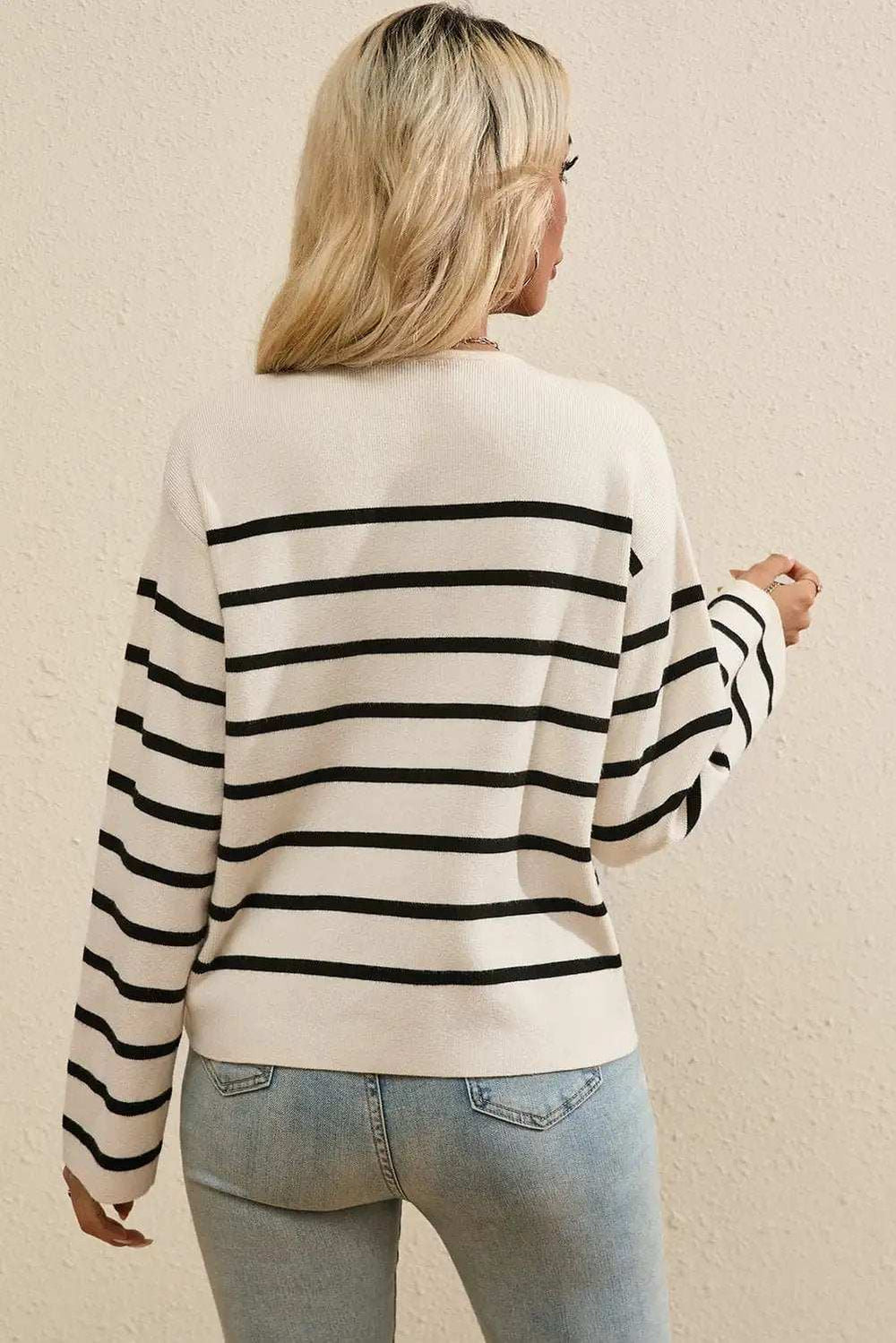 Striped Button Up Round Neck Cardigan - Trendsi - Flyclothing LLC