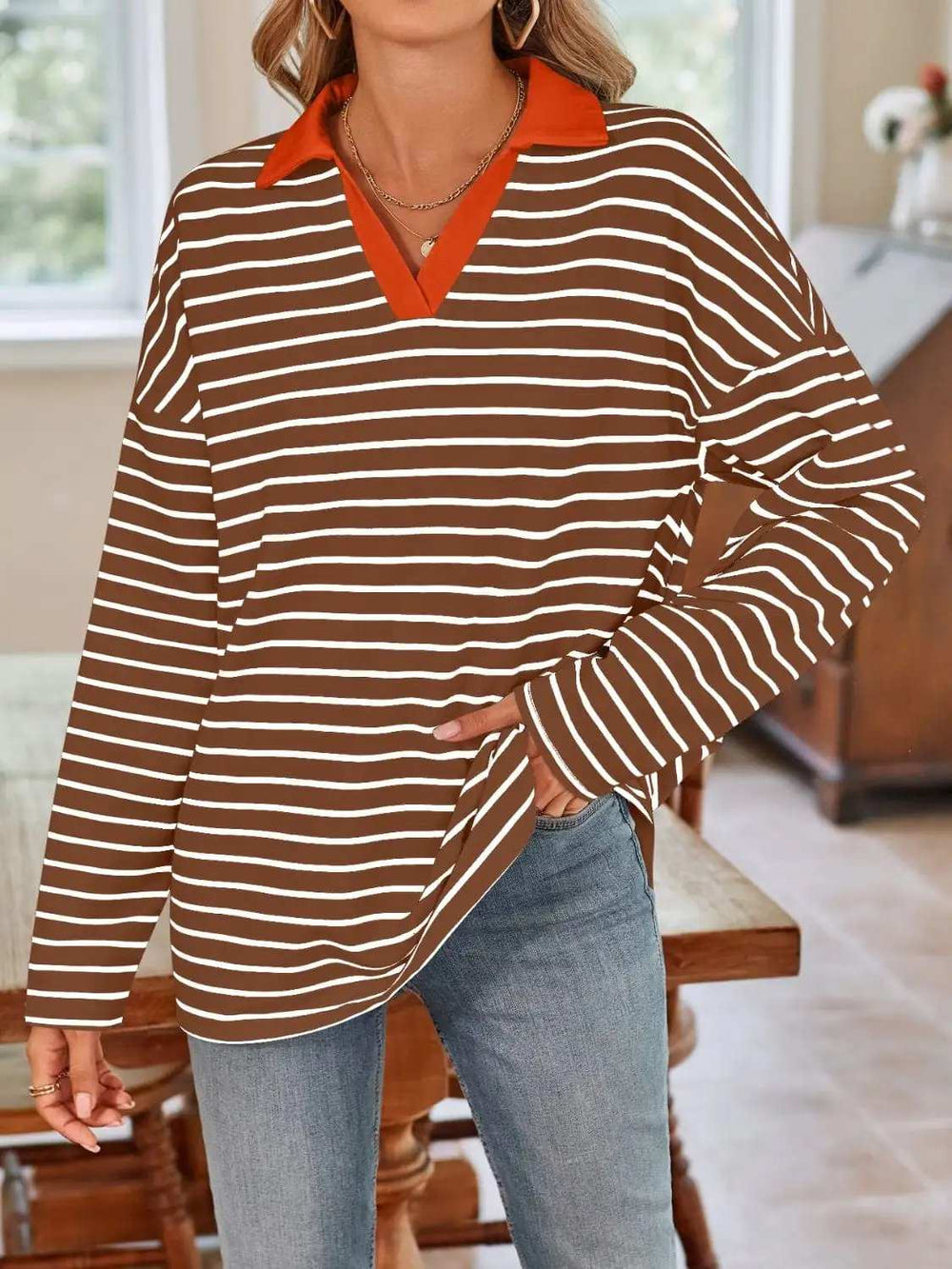 Striped Johnny Collar Long Sleeve T-Shirt - Trendsi - Flyclothing LLC