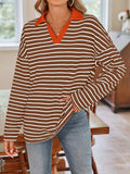Striped Johnny Collar Long Sleeve T-Shirt - Trendsi - Flyclothing LLC
