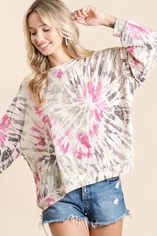 BiBi Tie Dye Print Terry Pull Over - Trendsi - Flyclothing LLC