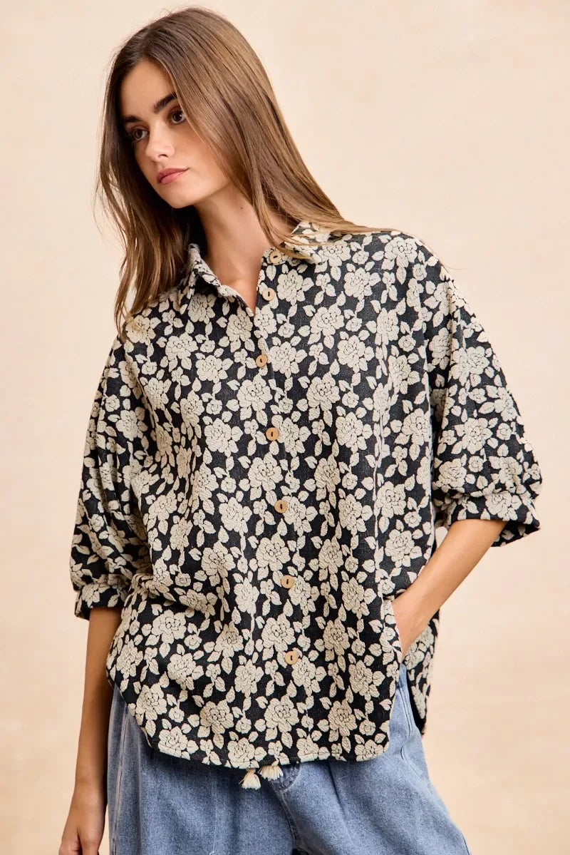 BiBi Floral Jacquard Short Dolman Sleeves Shirt - Trendsi - Flyclothing LLC