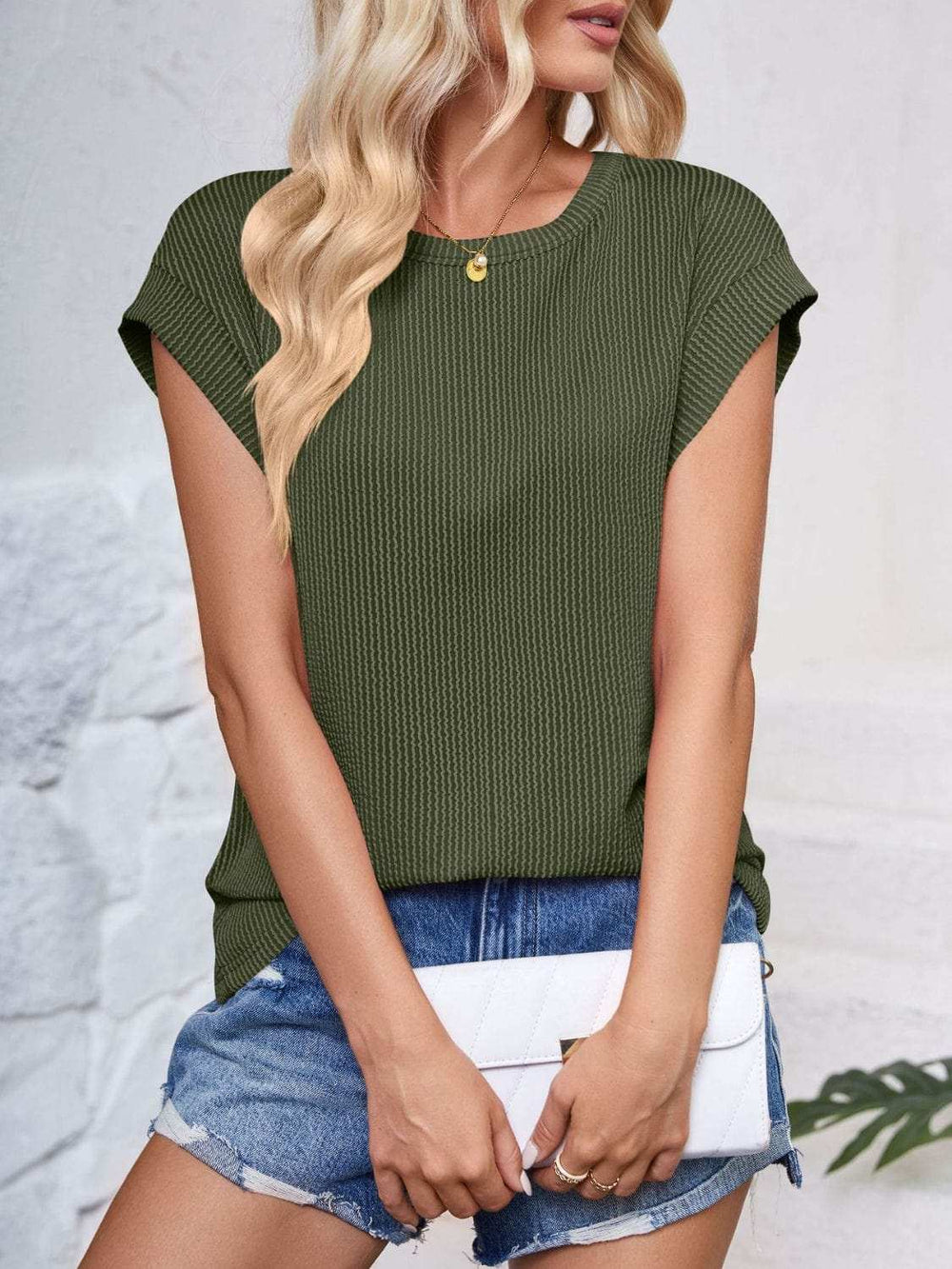 Textured Round Neck Cap Sleeve Blouse - Trendsi - Flyclothing LLC