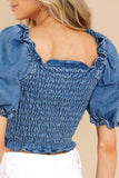 Puff Sleeve Smocked Cropped Denim Top - Trendsi - Flyclothing LLC