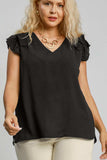 Umgee Full Size V-Neck Double Layered Ruffle Sleeve Blouse Plus Size - Trendsi - Flyclothing LLC