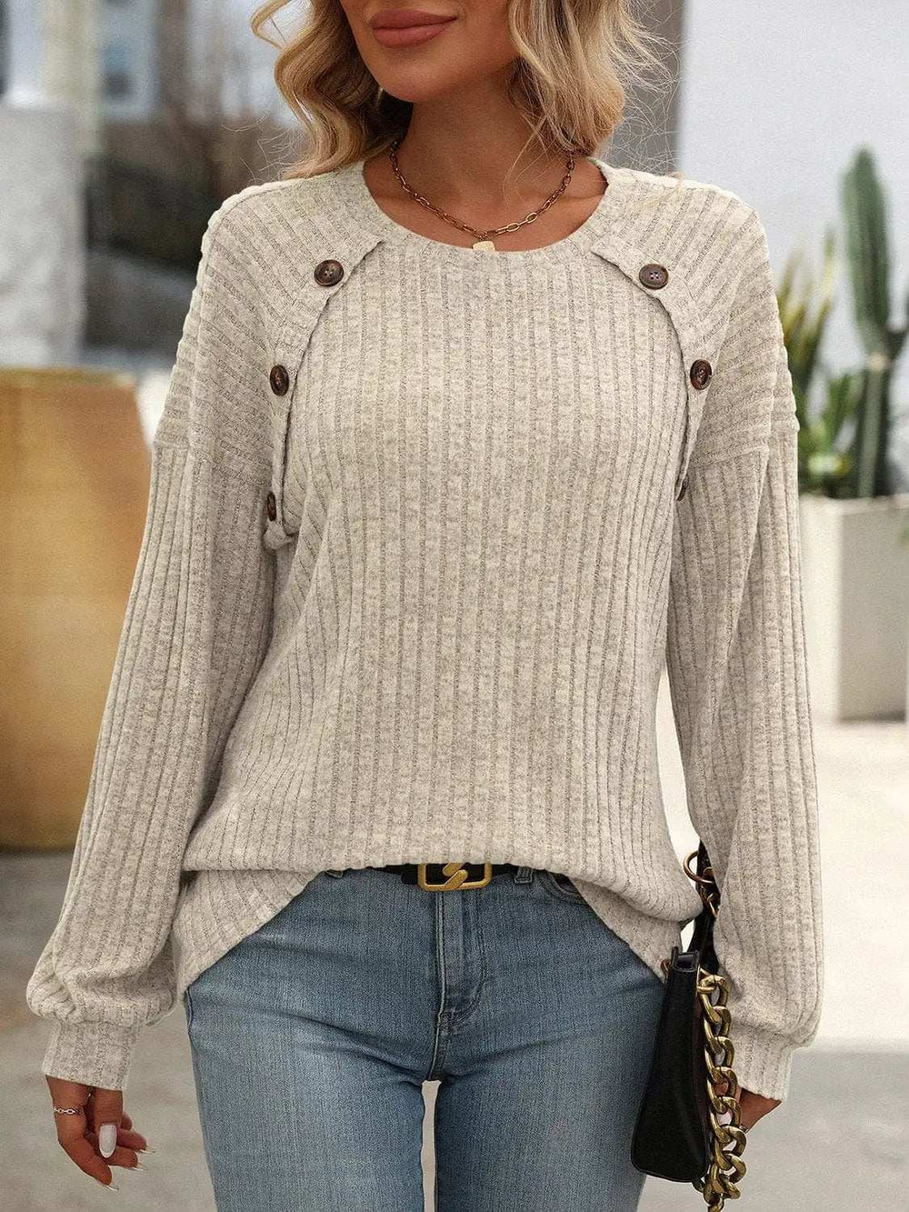 Decor Button Long Sleeve Ribbed T-Shirt - Trendsi - Flyclothing LLC