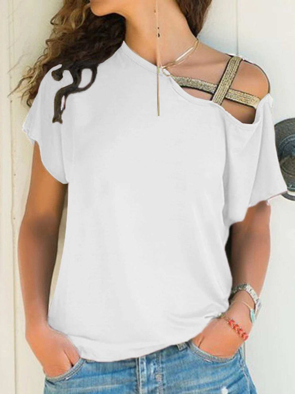 Asymmetrical Neck Short Sleeve T-Shirt - Trendsi - Flyclothing LLC