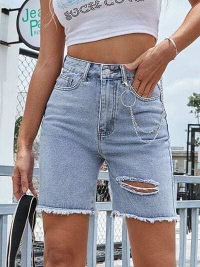 Distressed Raw Hem Denim Shorts - Trendsi - Flyclothing LLC