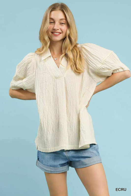 Umgee Textured Puff Sleeve Blouse - Trendsi - Flyclothing LLC