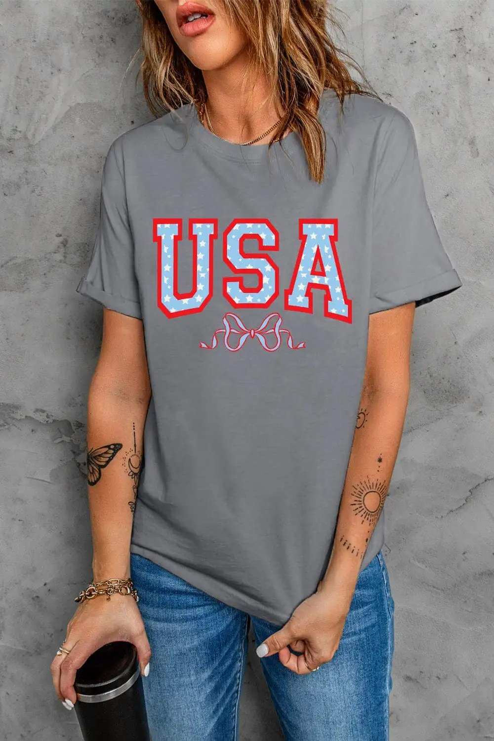 USA Round Neck Short Sleeve T-Shirt - Trendsi - Flyclothing LLC