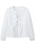 Tied Round Neck Long Sleeve Blouse - Trendsi - Flyclothing LLC