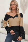 Color Block V-Neck Long Sleeve Top - Trendsi - Flyclothing LLC