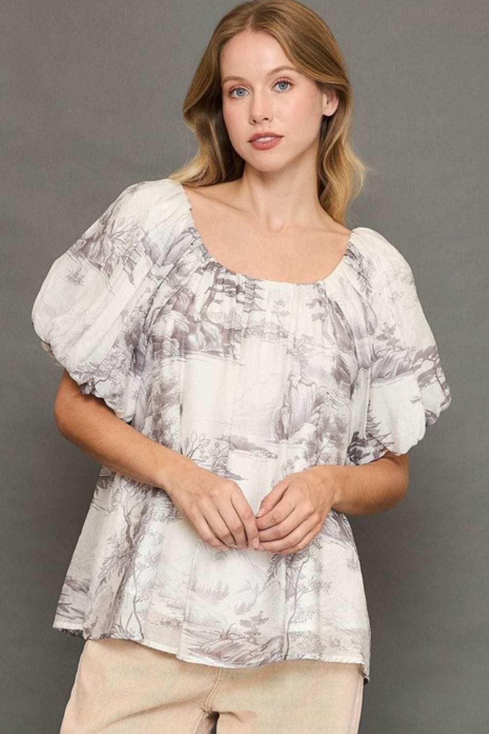 Umgee Full Size Two Tone Toile Print Top Plus Size - Trendsi - Flyclothing LLC