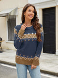 Contrast Round Neck Long Sleeve Sweater - Trendsi - Flyclothing LLC