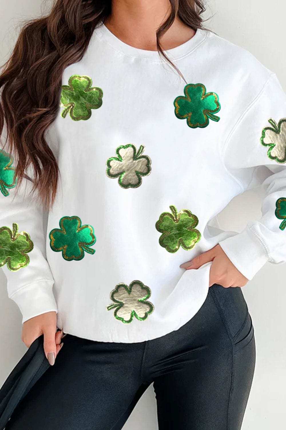 Lucky Clover Round Neck Long Sleeve Sweatshirt - Trendsi - Flyclothing LLC