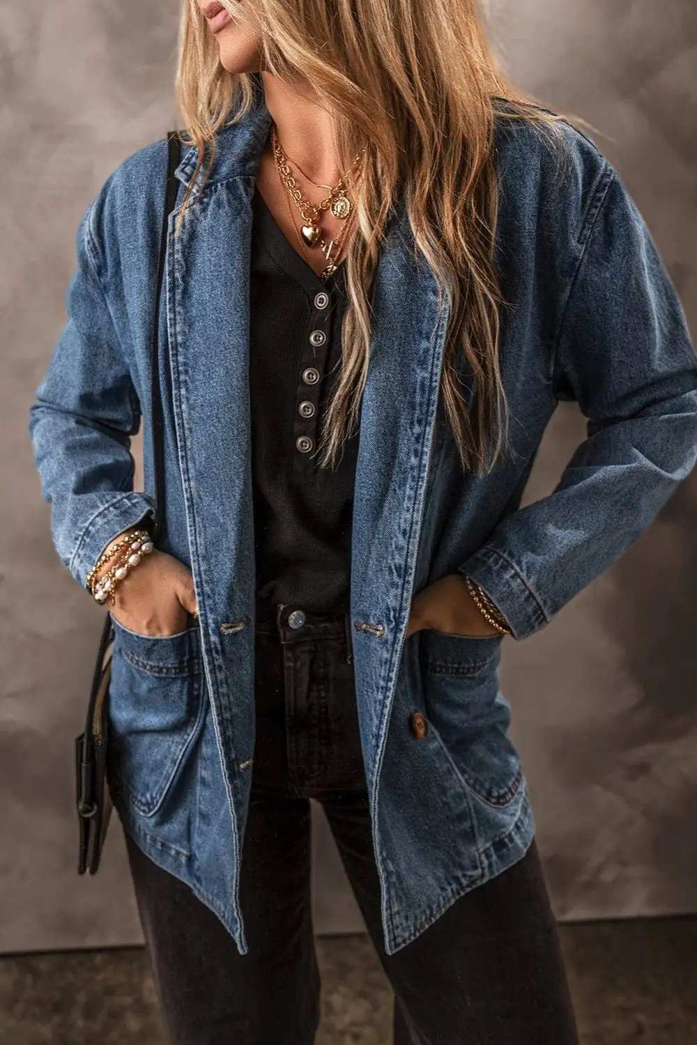 Pocketed Long Sleeve Denim Jacket - Trendsi - Flyclothing LLC