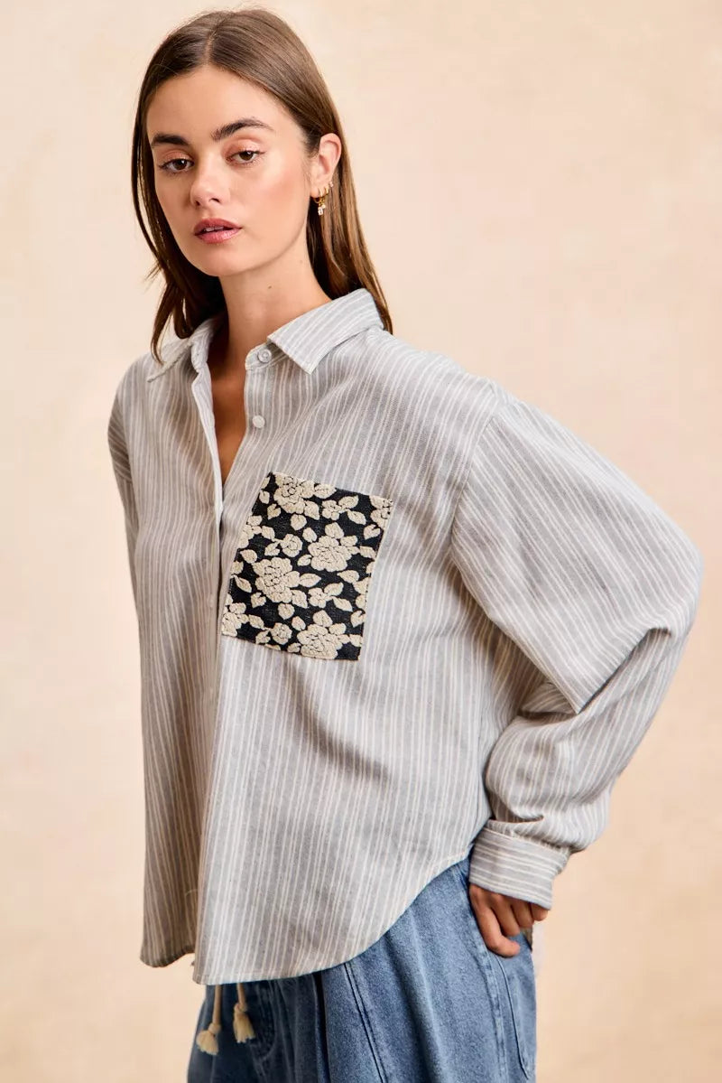 BiBi Flower Jacquard Knit Patch Pocket Stripe Shirt - Trendsi - Flyclothing LLC