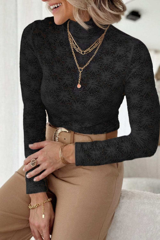 Lace Mock Neck Long Sleeve Blouse - Trendsi - Flyclothing LLC