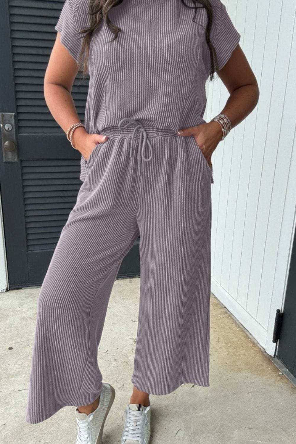 Corded Knit Short Sleeve T-Shirt and Wide Leg Pants Set - Trendsi - Flyclothing LLC