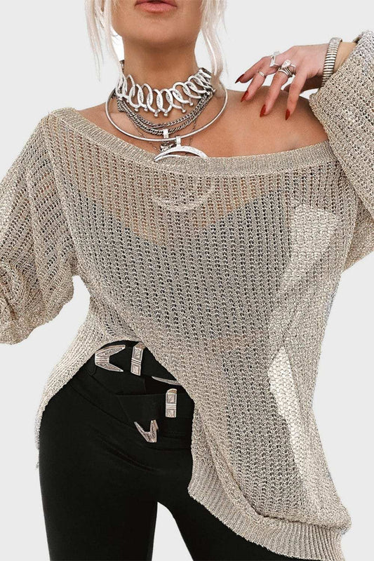 Side Slit Long Sleeve Knit Cover Up - Trendsi - Flyclothing LLC