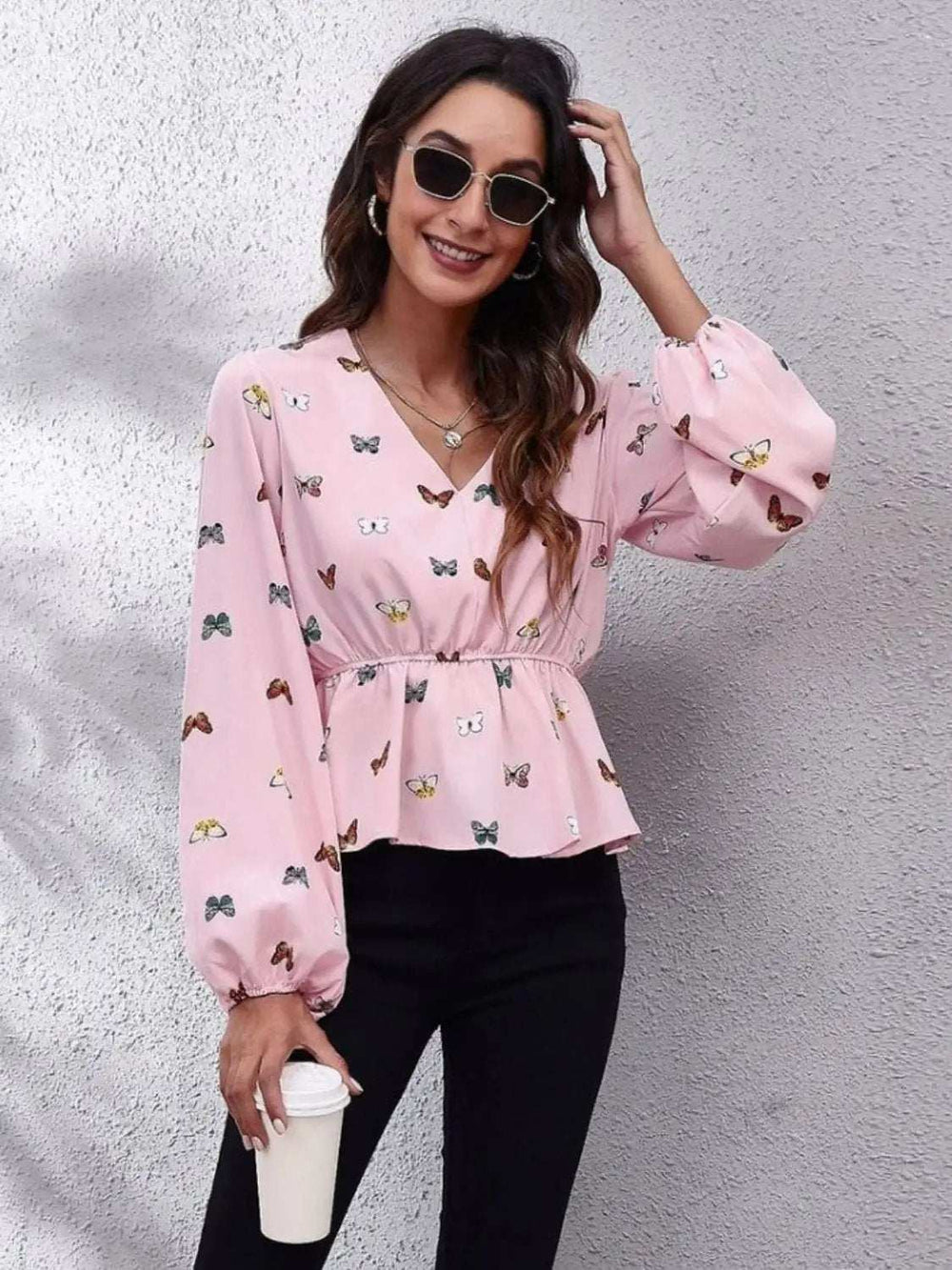 Printed V-Neck Long Sleeve Blouse - Trendsi - Flyclothing LLC