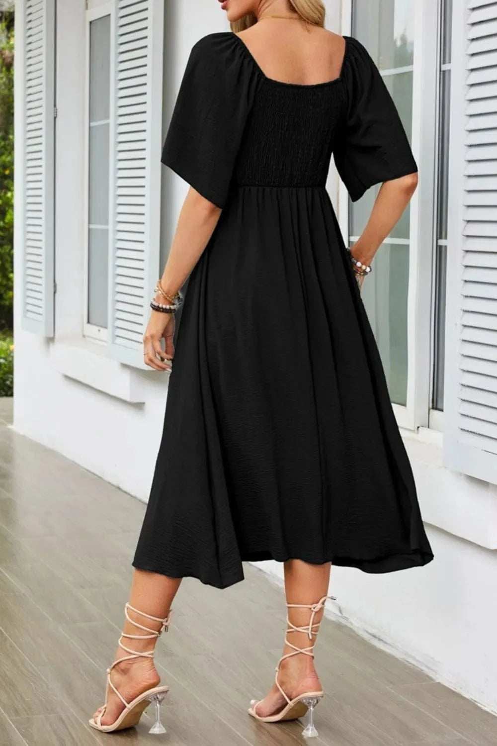 Smocked Tie Front Flutter Sleeve Midi Dress - Trendsi - Flyclothing LLC
