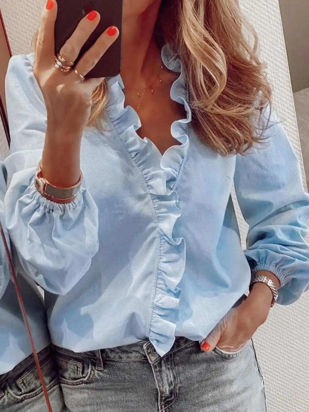 Full Size Ruffled V-Neck Long Sleeve Blouse - Trendsi - Flyclothing LLC