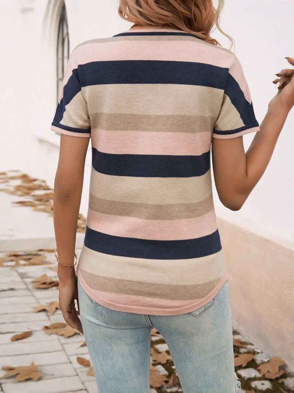 Devine Color Block V-Neck Short Sleeve Knit Top - Trendsi - Flyclothing LLC