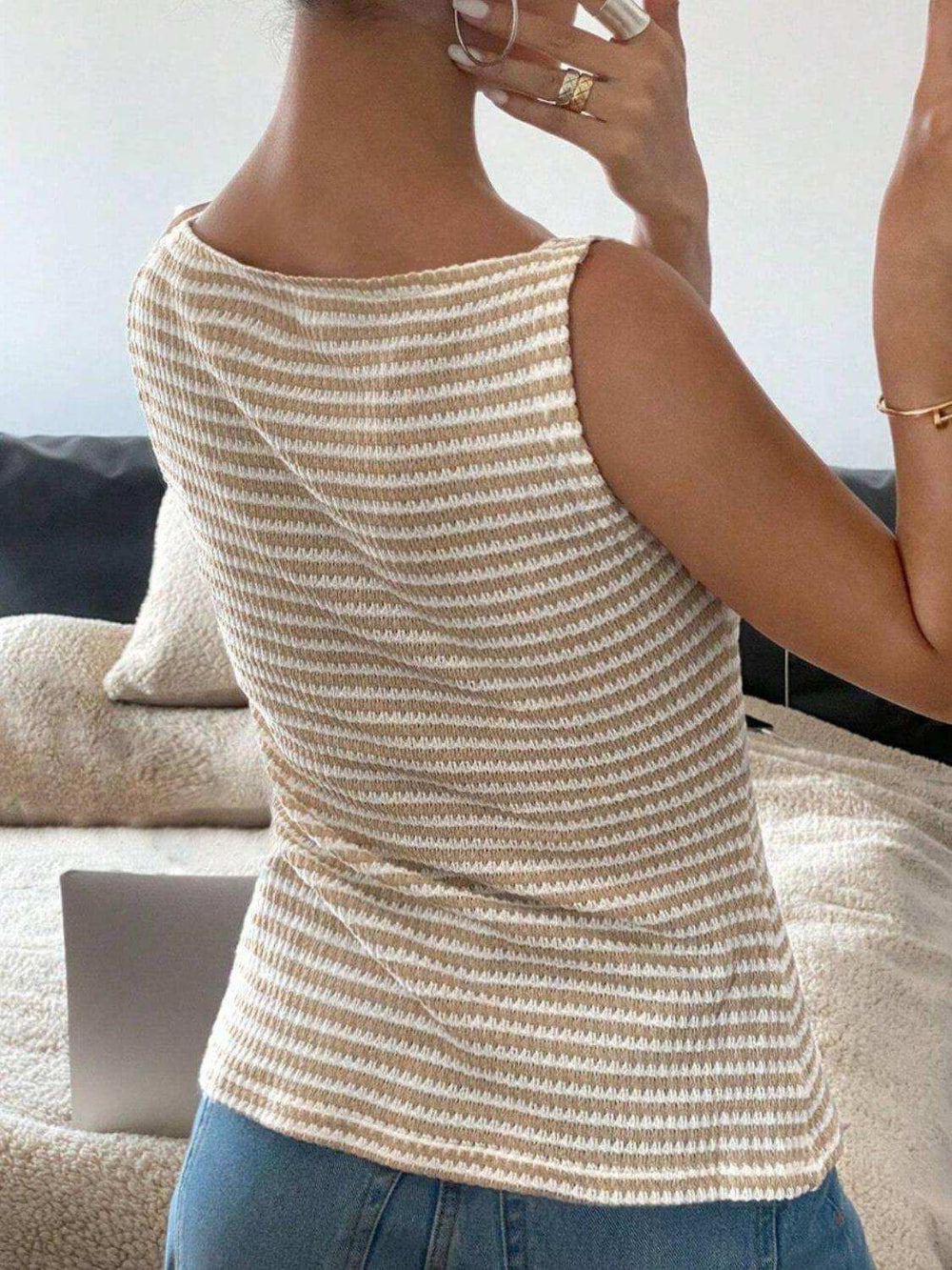 Button Down Striped Tank - Trendsi - Flyclothing LLC