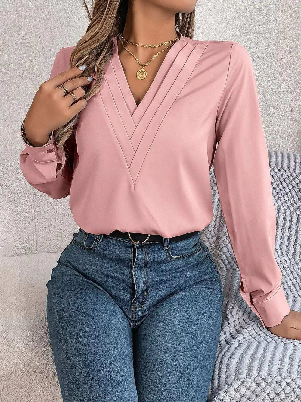 V-Neck Long Sleeve Blouse - Trendsi - Flyclothing LLC