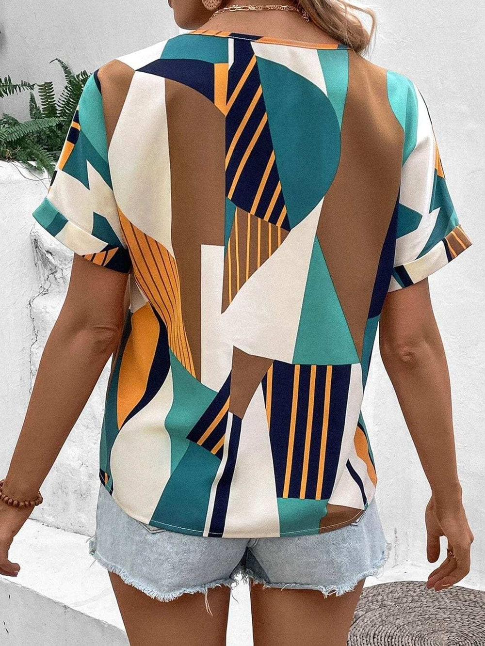 Printed V-Neck Short Sleeve Blouse - Trendsi - Flyclothing LLC