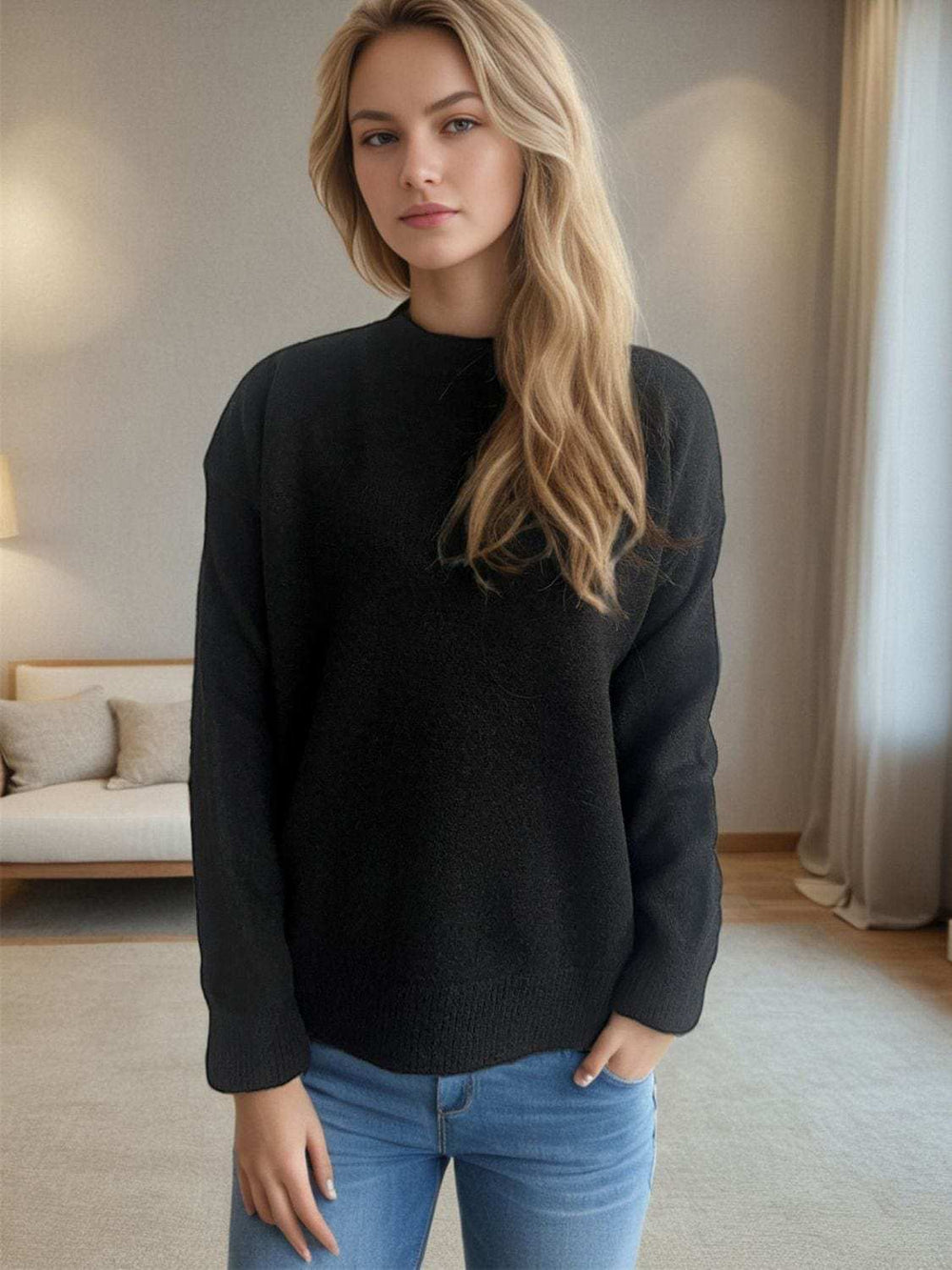 Round Neck Drop Shoulder Long Sleeve Sweater - Trendsi - Flyclothing LLC